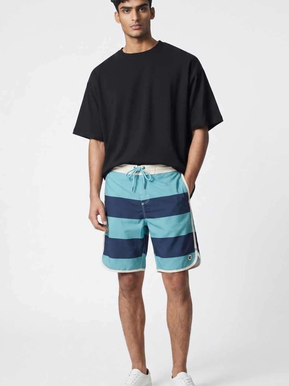 Jetty Boardshorts featuring a horizontal striped pattern in blue / teal. Size 34